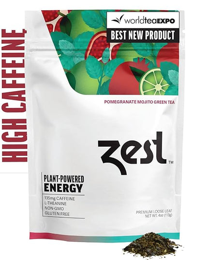 Zest Energy Green Tea - Pomegranate Mojito Loose Leaf Blend - High Caffeine Peppermint - Caffeinated Coffee Substitute - Natural, Non-GMO & Keto Friendly - Hot or Iced - 50 Servings - 135mg Caf