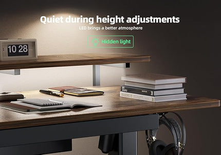 Claiks 63" L Shaped Standing Desk with Drawers and LED Lights, Height Adjustable Electric Corner Standing Desk with Monitor Stand & Power Outlet, 4 Memory Preset, Rustic Brown