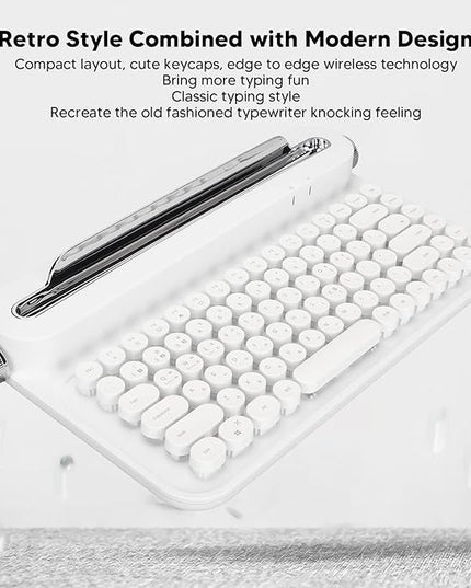 OPPWONG Vintage Bluetooth Keyboard 86 Keys Portable Wireless Keyboard with Red Esc Replacement Keycap Integrated Stand Recess Design for Smartphones, Tablets, Laptops (White)