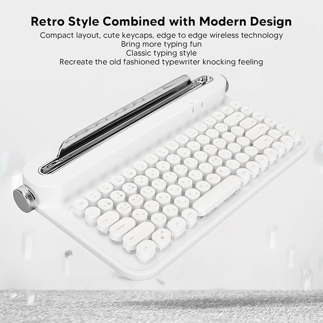 OPPWONG Vintage Bluetooth Keyboard 86 Keys Portable Wireless Keyboard with Red Esc Replacement Keycap Integrated Stand Recess Design for Smartphones, Tablets, Laptops (White)