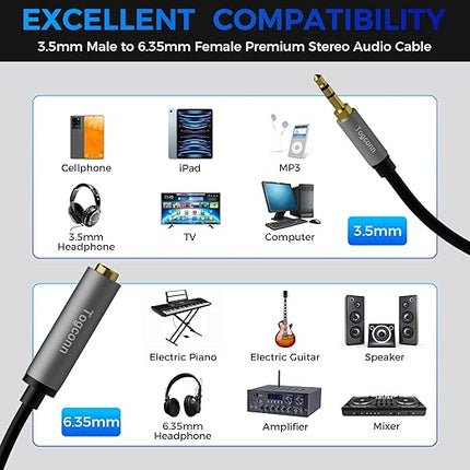 3.5mm to 6.35mm Stereo Audio Cable Adapter, 3.5mm 1/8 Inch TRS Male to 6.35mm 1/4 Inch Female Stereo Audio Converter Connector for Phone, Laptop, Headphone, Amplifier, Guitar, Speaker-1 Feet/12 Inch