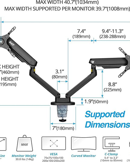 AVLT Dual 27”-43” RGB Gaming Monitor Arm Desk Mount Built-in 20 Lighting Modes Touch Button Control Fits Flat/Curved/Ultrawide Screen Height Swivel Tilt Rotation Adjustable Stand -Black