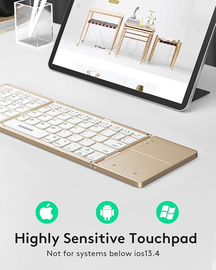 Samsers Foldable Bluetooth Keyboard with Touchpad - Portable Wireless Keyboard with Holder, Rechargeable Full Size Ultra Slim Pocket Folding Keyboards for Android Windows iOS Tablet & Laptop - Gold