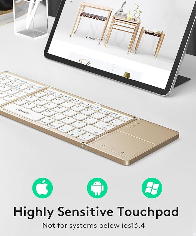 Samsers Foldable Bluetooth Keyboard with Touchpad - Portable Wireless Keyboard with Holder, Rechargeable Full Size Ultra Slim Pocket Folding Keyboards for Android Windows iOS Tablet & Laptop - Gold