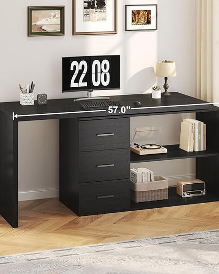 HSH Black L Shaped Desk with Drawers Shelves, 360 Rotating Home Office Desk L Shape with Storage Cabinet, Corner Wood Computer Table for PC Executive Work Study Writing in Bedroom Living Room, 55 in