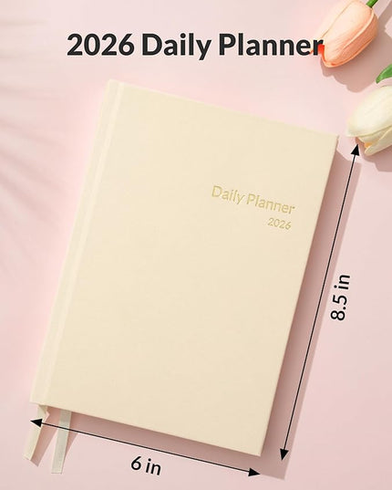 SUNEE 2026 Daily Planner A5 Hardcover – Hourly Schedule Organizer with Monthly Tabs & Task Tracker – Beige Cover Time Management Notebook for Work, School, Personal Goals