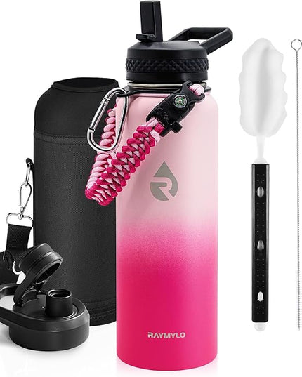 Insulated Water Bottle 40 oz, Triple Wall Vacuum Stainless Steel (Cold for 48 Hrs), Leak Proof & Non-BPA, Modern Water Flask Jug with Paracord Handle & Straw Spout Lids, Ombre Pink