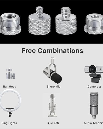 IXTECH Mic Stand Adapter Set - 8 Piece Metal Tripod Adapter Kit - 5/8 Female to 3/8 Male & 1/4 Female to 5/8 Male - ADP02A Silver