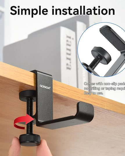 aceyoon Under Desk Headphone Hanger, Aluminum Headphone Stand,Headset Holder Space-Saving for Bag/Backpack/GamingHeadphone, Black