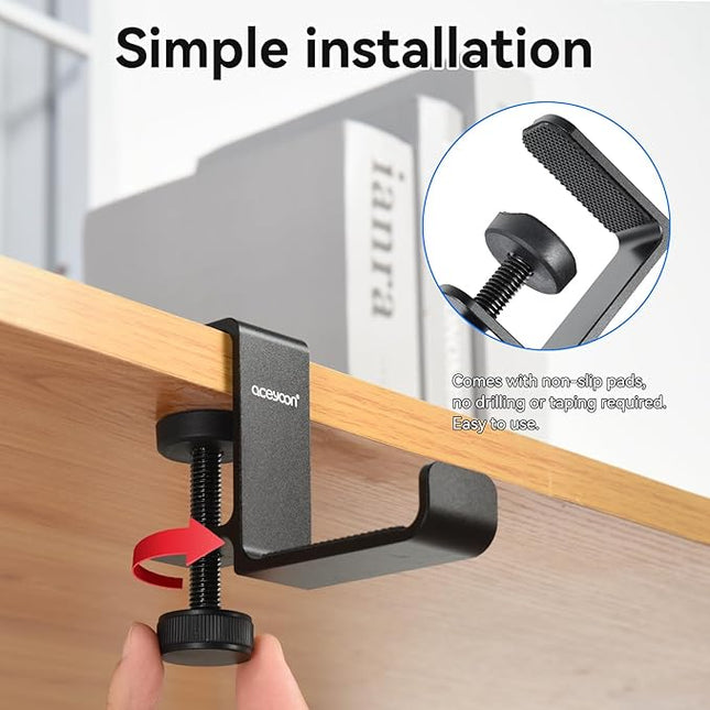 aceyoon Under Desk Headphone Hanger, Aluminum Headphone Stand,Headset Holder Space-Saving for Bag/Backpack/GamingHeadphone, Black