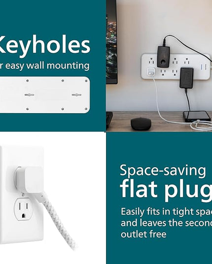 Philips EZFit 8-Outlet Surge Protector Power Strip, 8 Ft Braided Extension Cord, Widely Spaced Outlets, Flat Plug, for Home Office Dorm Essentials, 2160 Joules, White, SPP3673W/37