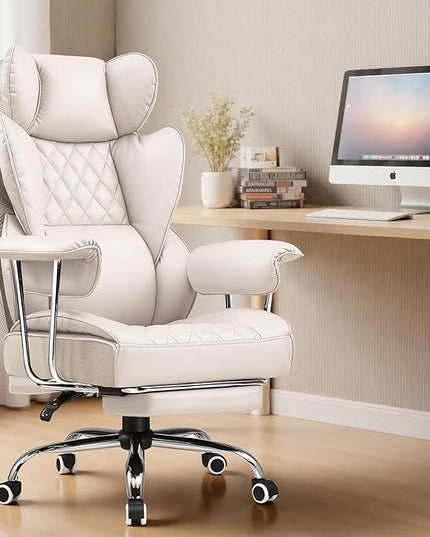COMHOMA Big and Tall Office Chair, High Back Leather Gaming Chair with Footrest, Executive Ergonomic Office Chairs with Pocket Spring Lumbar Support and with Outward Fixed Soft Armrests