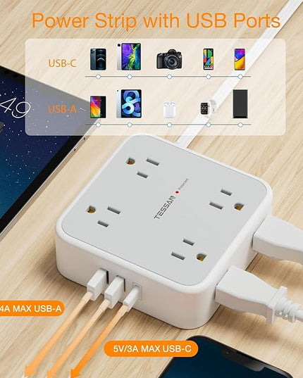 Flat Plug 20 FT Long Extension Cord, TESSAN Ultra Thin Power Strip Surge Protector with 8 AC Outlets, 900J, 3 USB Charger(1 USB C), Multi Port Charging Station for Home, Office, Dorm Room Essentials