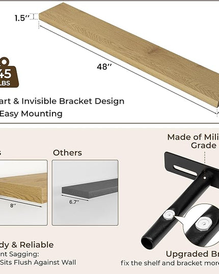 RICHFOCUS 48Inch Floating Shelves for Wall 1 Pack Shelves for Bedroom|Kitchen|Bathroom Wall Mounted Rustic Wood Floating Shelf with Invisible Brackets for Books|Storage|Decor, Oak
