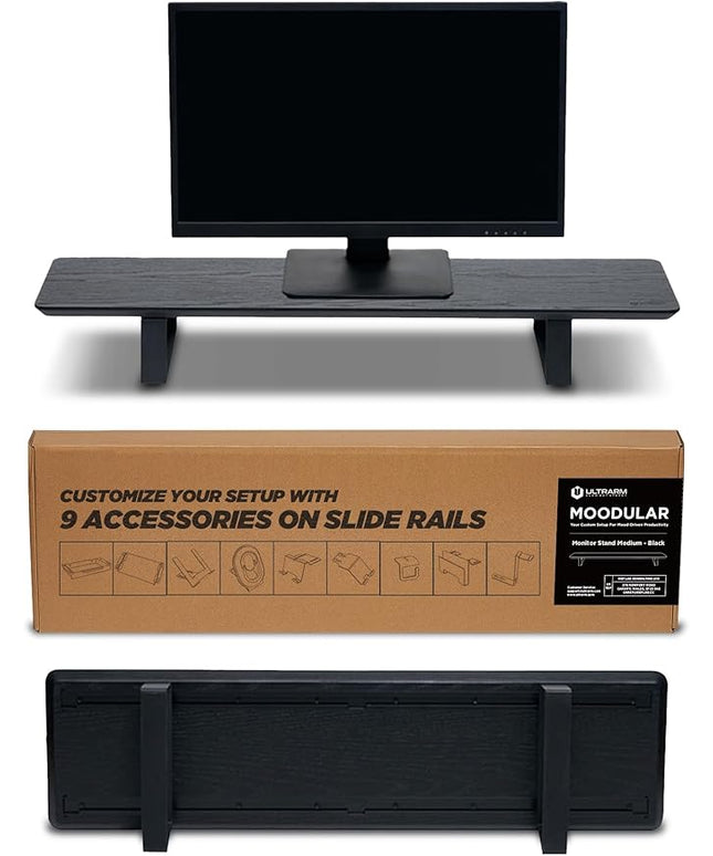 Moodular Wooden Monitor Stand 33.4” (85cm) Desk Organizer with Metal Slide Rails for Drawer, Tray, Laptop, Tablet, Phone & Headphones Customizable Riser for Organized Workspace Black MS85-B