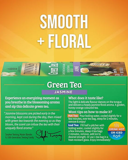 Twinings Green Tea with Jasmine Individually Wrapped Bags, 20 Count (Pack of 6), Fragrant Floral Scent, Caffeinated, Enjoy Hot or Iced, 120 Teabags