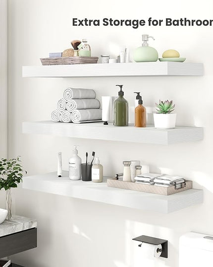 Heimlove 12 Inch Deep Floating Shelves, 16 x 12 inches Long Wall Shelf, Large Extra Display Shelf & Storage Shelf, Rustic Wood Wall Shelves for Fireplace Mantel, White - 2Pack