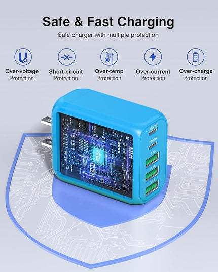 2-Pack USB C Wall Charger Block,60W 5-Port C Charger Fast Charging Block PD Power Adapter +QC 3.0 Multiport Type C Box Charger Cube USB A Wall Plug for iPhone 14/15/16/17 Pro Max,Samsung Galax