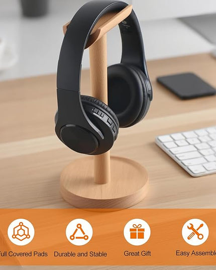 Yookin Wood Headphone Stand Headset Stand for Deak Universal Headphone Holder with Storgae Base Handcrafted Desk Organizer for Gaming Headsets(Beech Wood)