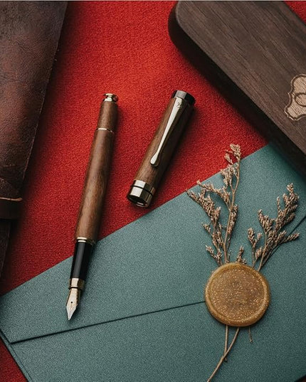Wordsworth & Black Fountain Pen Set, Luxury Bamboo Wood - Medium Nib, Gift Case; Includes 6 Ink Cartridges, Ink Refill Converter -Journaling, Calligraphy, Drawing, Smooth Writing [Brown Wood]