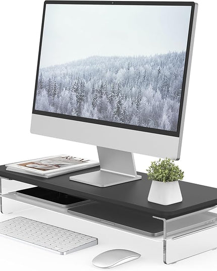 Fenge Acrylic Monitor Stand Riser, 23.6 Inches Monitor Stand with Metal Storage, 2 Tier Acrylic Computer Riser for Desk, Clear Laptop Stand for PC, Laptop, Printer, TV
