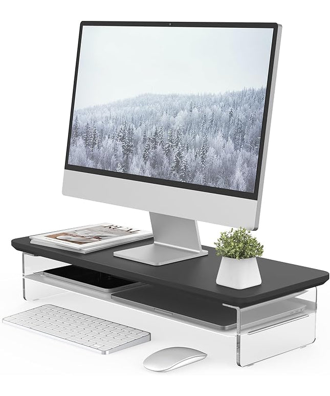 Fenge Acrylic Monitor Stand Riser, 23.6 Inches Monitor Stand with Metal Storage, 2 Tier Acrylic Computer Riser for Desk, Clear Laptop Stand for PC, Laptop, Printer, TV