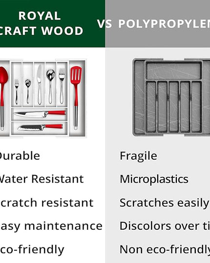 ROYAL CRAFT WOOD Luxury Bamboo Kitchen Drawer Organizer - Silverware Organizer - Utensil Holder and Cutlery Tray with Grooved Drawer Dividers for Flatware and Kitchen Utensils (9 Slot, White)