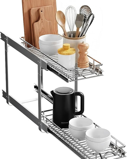 HOLDN’ STORAGE Two Tier Pull Out Cabinet Organizer, Individual Sliding Drawers - Heavy Duty Metal with Lifetime Limited Warranty - Anti Rust Chrome Finish - 8" W x 21”D x 16.5" H