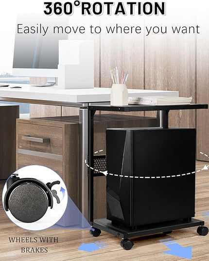 PC Stand Computer Tower Stand 2-Tier Metal CPU Holder with Locking Caster Wheels Suitable for Most PC (S,Black)