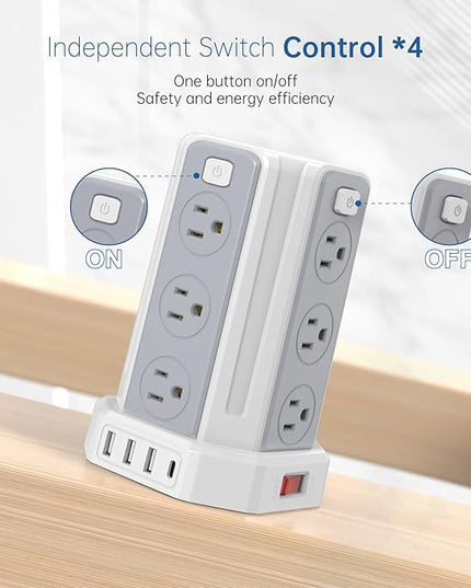 Power Strip Surge Protector, 10 Ft Extension Cord with 12 AC Multiple Outlets 4 USB (1 USB C), SMALLRT Power Tower Desktop Charging Station (White, 16.4 FT)