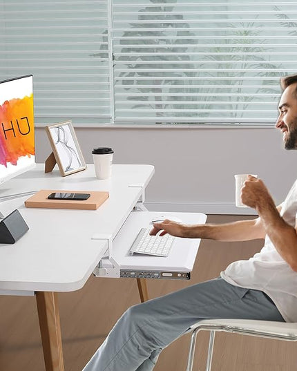 ETHU Keyboard Tray Under Desk, Pull Out Keyboard & Mouse Tray with C-clamp, Ergonomic Desk Keyboard Tray Slide Out, Pull Out Platform Drawer for Home and Office(White)