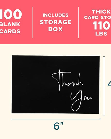 VNS Creations Thank You Cards With Envelopes Bulk Set & Stickers - 100 Pack 4x6 Blank Thank You Notes Bulk Box Set - Large Note Card Small Business, Wedding, Baby Shower & Bridal Shower - Black