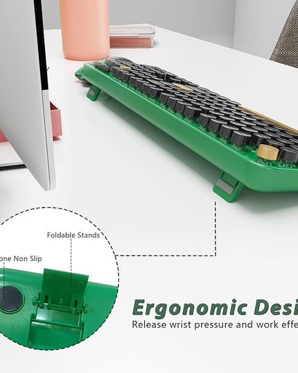 Kootop Wireless Keyboard,Cute Colorful 104 Keys Typewriter Retro Round Keycaps Keyboard for PC Laptop,Desktop,Windows, Home and Office Keyboards (Black Green)