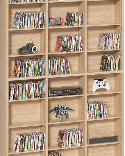 LELELINKY 8 Tier Tall Display Cabinet, Natural Media Storage Cabinet with Adjustable Shelves, Free Standing DVD Organizer Shelf, Floor multimedia storage manga bookshelf for Living Room & Home Office.