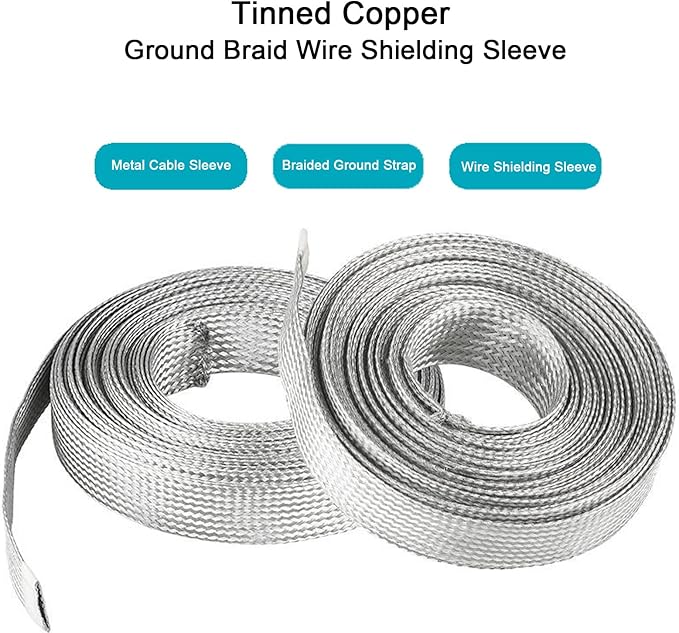 Tinned Copper Braided Cable Shielding Sleeve Metal Wire Loom Sheathing EMI RFI ESD Protector Grounding Mesh Flat Tubular Expandable 3/8" W(0.24" ID)-35FT