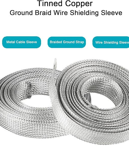 Cable Shielding Sleeve EMI RFI Shielding Tinned Copper Braid Wire Sheathing Metal Grounding Strap Mesh ESD Protection Flat Expandable Flexible (11/16" W(0.44" ID)-9FT)