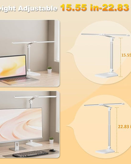 LED Desk Lamp for Office Home, Height Adjustable Architect Desk Light with USB Adapter, Stepless Dimming 50 Lighting Modes, Eye Caring Double Head Computer Desk Lamp for Reading, Study, Workbench
