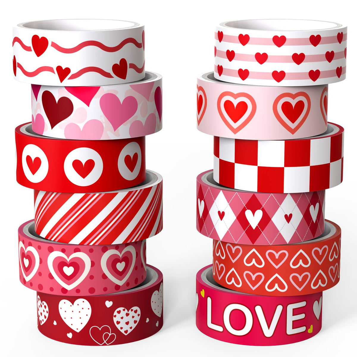 NIKOMIE 12 Rolls Love Heart Washi Tape Set, Pink Red Decorative Tape Valentine Stripe Dots Masking Tape for Journaling Supplies,Wedding Party,Junk Journal, Scrapbooking, Planner, DIY Arts & Crafts