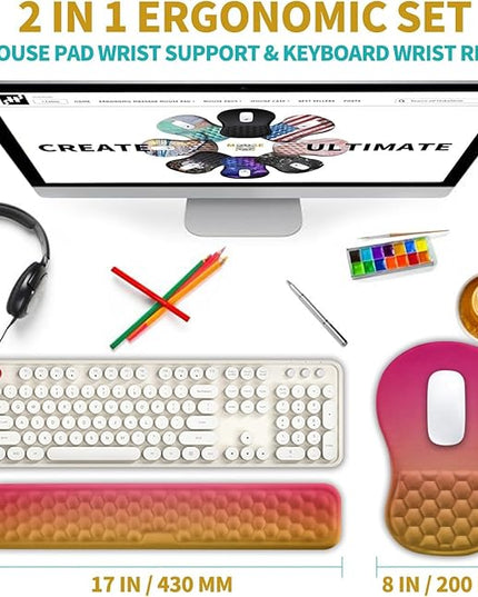 Hokafenle 2 in 1 Ergonomic Mouse Pad Wrist Support & Wrist Rest for Computer Keyboard Set, with Relieve Carpal Tunnel Pain Massage Bulge and Full Memory Gel Design (2In1 Set, Sunset Glow)
