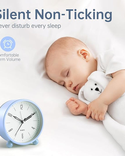 Analog Alarm Clock, 4 inch Super Silent Non Ticking Small Clock with Night Light, Battery Operated, Simple Design, Old fashioned Style SkyBlue decor, for Bedroom, Bedside, Desk, Adult, Kid, Gift, Blue