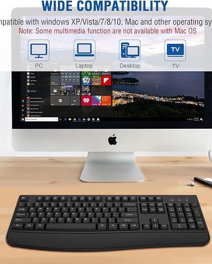 EDJO Wireless Keyboard, 2.4G Ergonomic Full Size Wireless Computer Keyboard with Wrist Rest for Windows, Mac OS Desktop/Laptop/PC（Black）