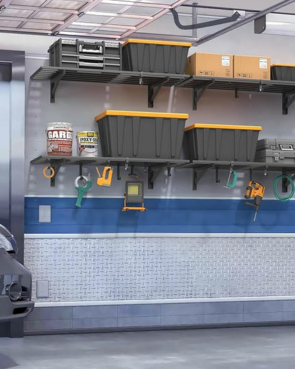 4-Pack 1.5x4ft Garage Shelving Wall Mounted, 1.5 x 4' Heavy Duty Garage Storage Shelves with Hooks, 800LB Capacity