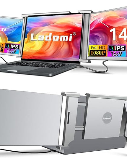 Laptop Screen Extender, 14" FHD 1080P IPS Laptop Monitor Extender, 315° Rotation Triple Portable Monitor for 13.5" -16.5" Laptops, Type-C/HDMI/USB-A Plug & Play for Wins, Mac, Android, Switch