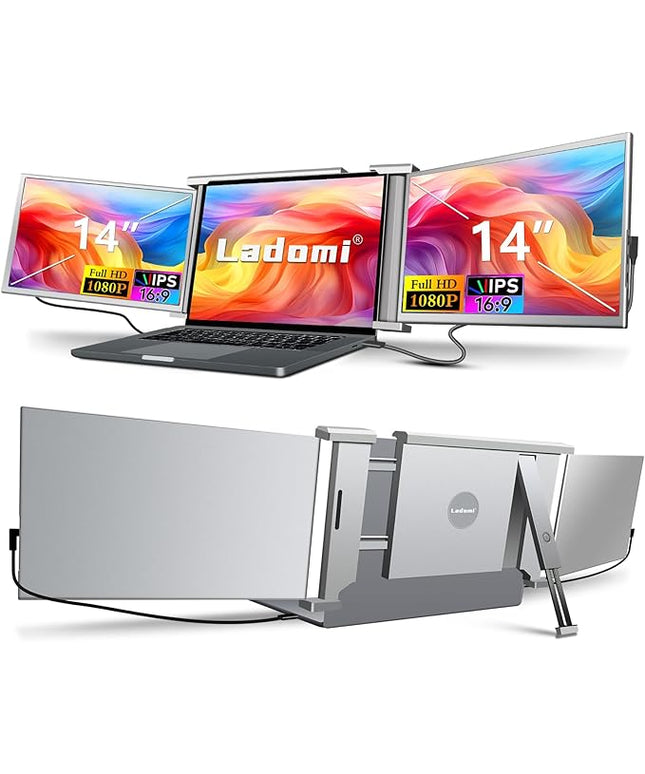 Laptop Screen Extender, 14" FHD 1080P IPS Laptop Monitor Extender, 315° Rotation Triple Portable Monitor for 13.5" -16.5" Laptops, Type-C/HDMI/USB-A Plug & Play for Wins, Mac, Android, Switch