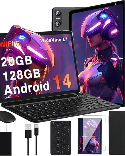 2025 Tablet, 10 Inch Android Tablet 20GB RAM+128GB ROM+1TB Expand, Octa-Core Android 14 Tablets with Keyboard, Mouse, HD IPS Touchscreen, 6000mAh, BT 5.0, WiFi 6, Widevine L1, Split Screen -Black