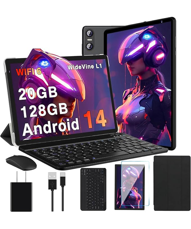 2025 Tablet, 10 Inch Android Tablet 20GB RAM+128GB ROM+1TB Expand, Octa-Core Android 14 Tablets with Keyboard, Mouse, HD IPS Touchscreen, 6000mAh, BT 5.0, WiFi 6, Widevine L1, Split Screen -Black