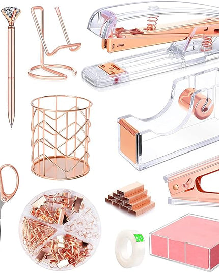 Rose Gold Office Supplies and Accessories, Acrylic Stapler, Staple Remover, Tape Holder, Ballpoint Pen, Scissor, Binder Clips, Staples, Phone Holder, Ruler, Transparent Glue and 300 Notes