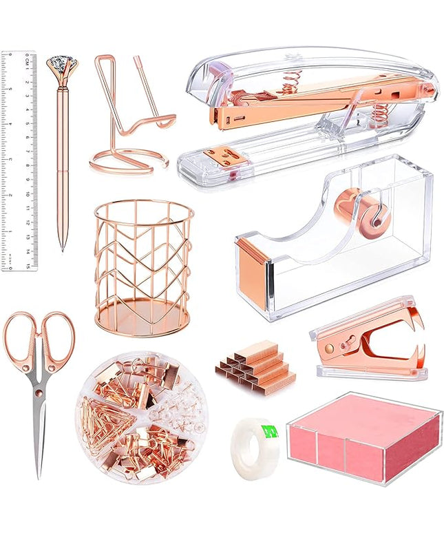 Rose Gold Office Supplies and Accessories, Acrylic Stapler, Staple Remover, Tape Holder, Ballpoint Pen, Scissor, Binder Clips, Staples, Phone Holder, Ruler, Transparent Glue and 300 Notes