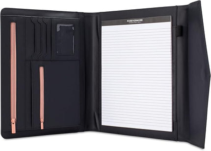 FOREVERMORE PORTFOLIOS Padfolio Binder Organizer for Women | Faux Leather Portfolio Folder for Resume, Documents, Notebook, Tablet and Business Cards | Notepad Included - Black