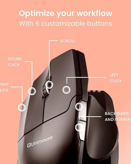 Contour Unimouse Ergonomic Vertical Mouse Adjustable 35°-70° Tilt Angle, 6 Programmable Buttons for Productivity, Customizable Thumb Rest for Wrist Pain Relief | Plug & Play Mac/PC - Wireless - Left